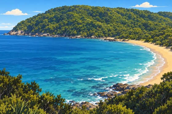 Painted scene of the Abel Tasman Coast Track