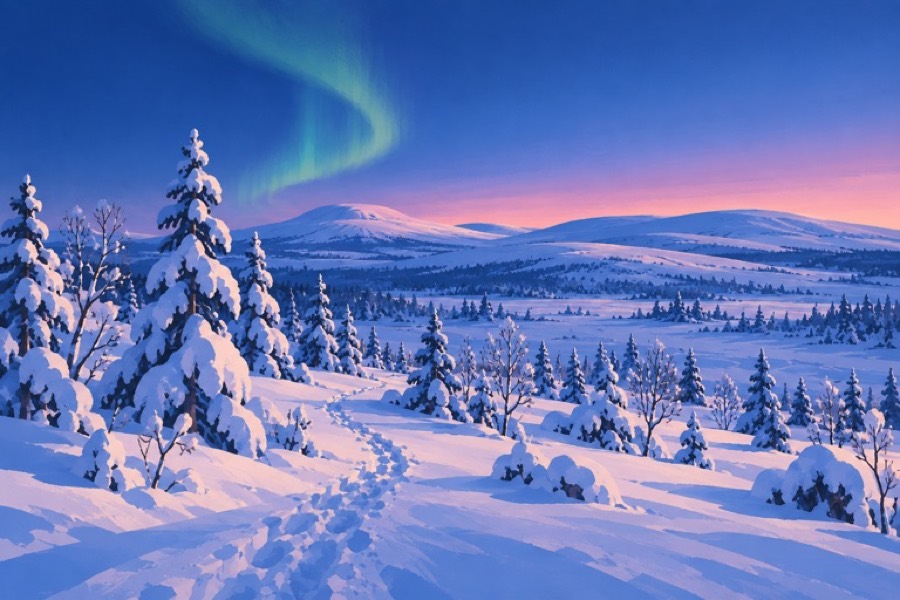 A snowy Lapland trail beneath the northern lights
